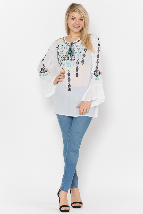 Bell Sleeves Embroidery Tunic Top - White